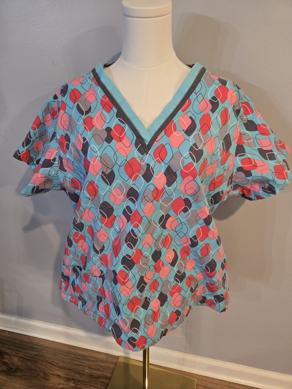 Landau Aqua Multi-Color Geometric V-Neck Scrub Top
